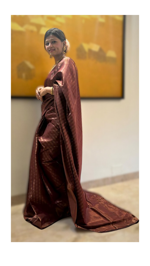Regal Maroon Aura Kanjivaram Saree with intricate gold detailing for a stunning look - Drape In A Minute Sarees