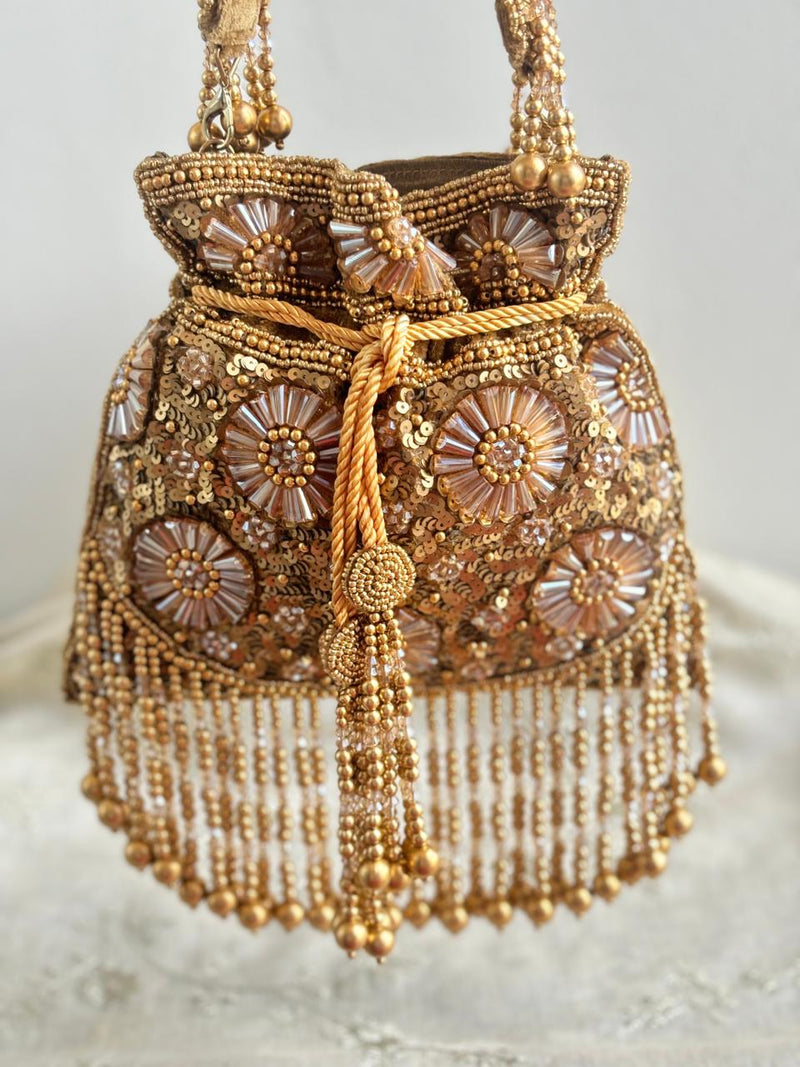 NoorJahan Gold potli - Beaded handbag