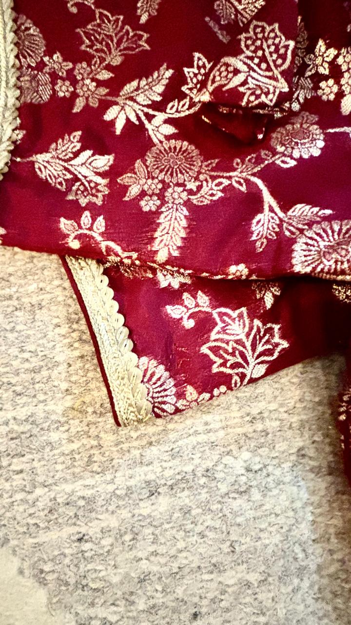Maroon Brocade Blouse with Gold Lace