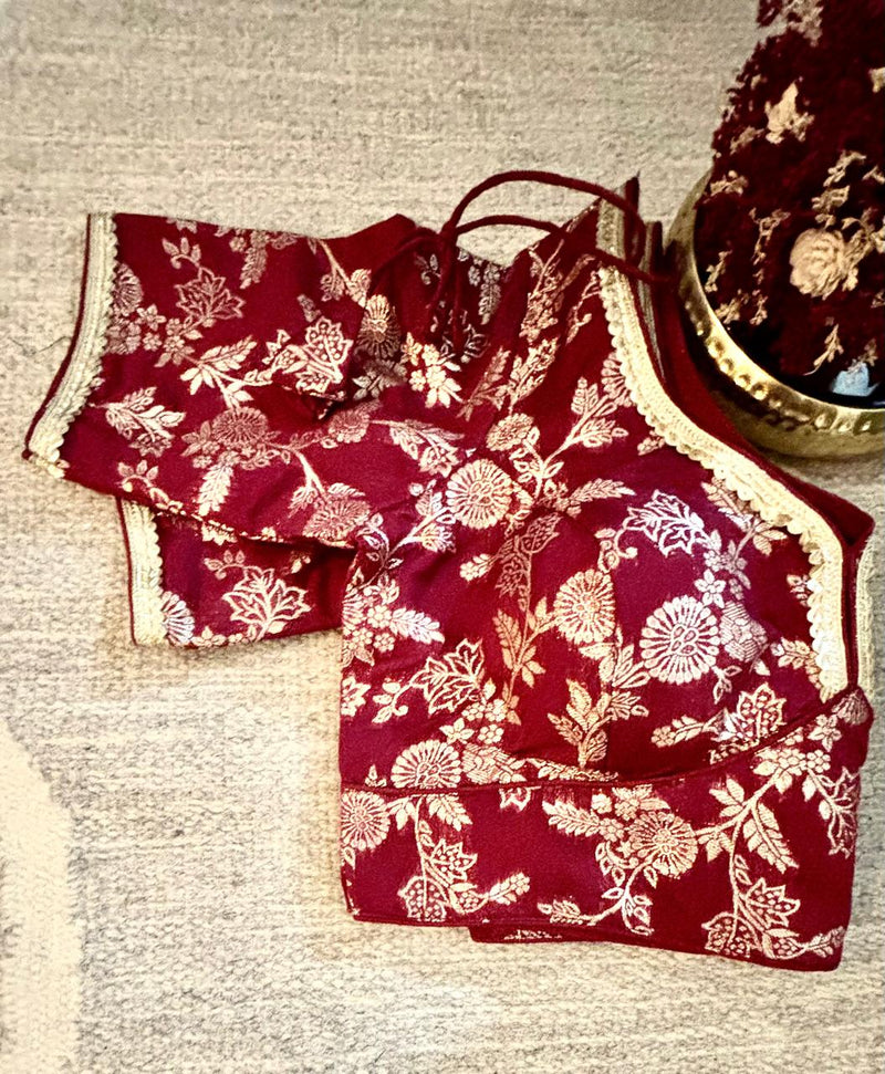 Maroon Brocade Blouse with Gold Lace