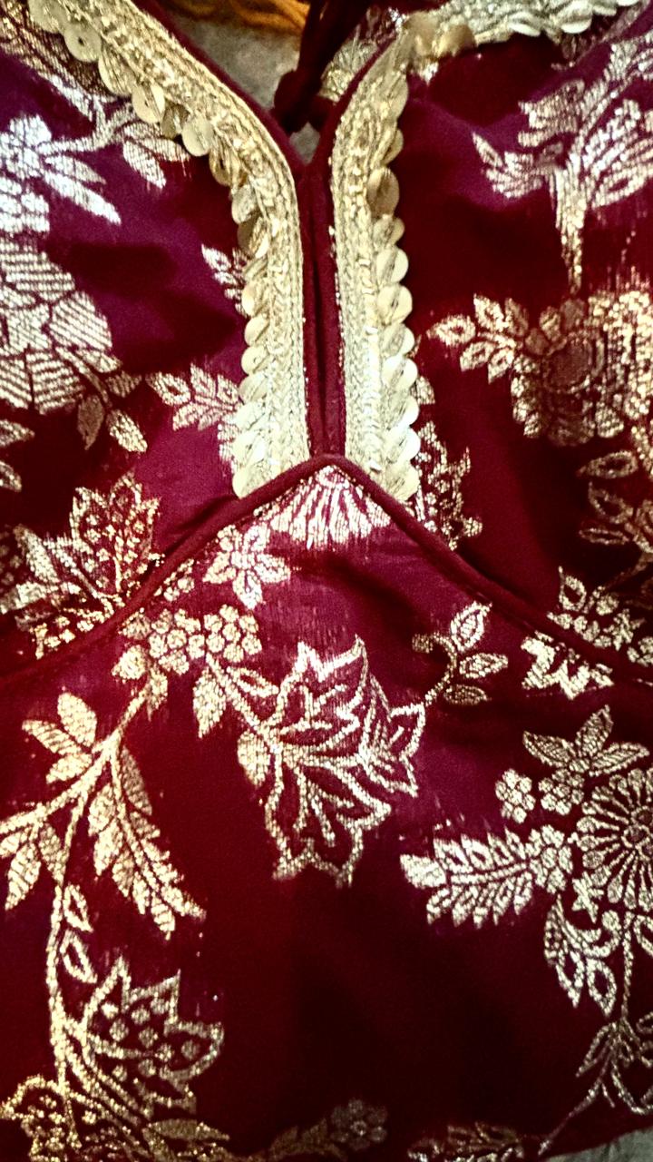 Maroon Brocade Blouse with Gold Lace