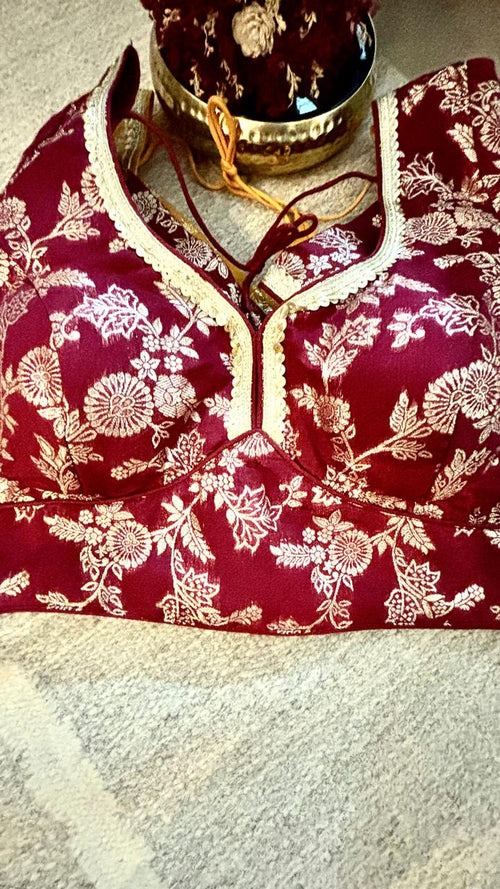 Maroon Brocade Blouse with Gold Lace