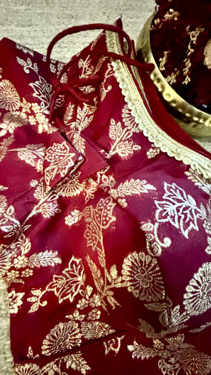 Maroon Brocade Blouse with Gold Lace