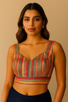 Multi-Colored Brocade V-Neck Sleeveless Blouse