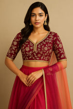 Maroon Brocade Blouse with Gold Lace