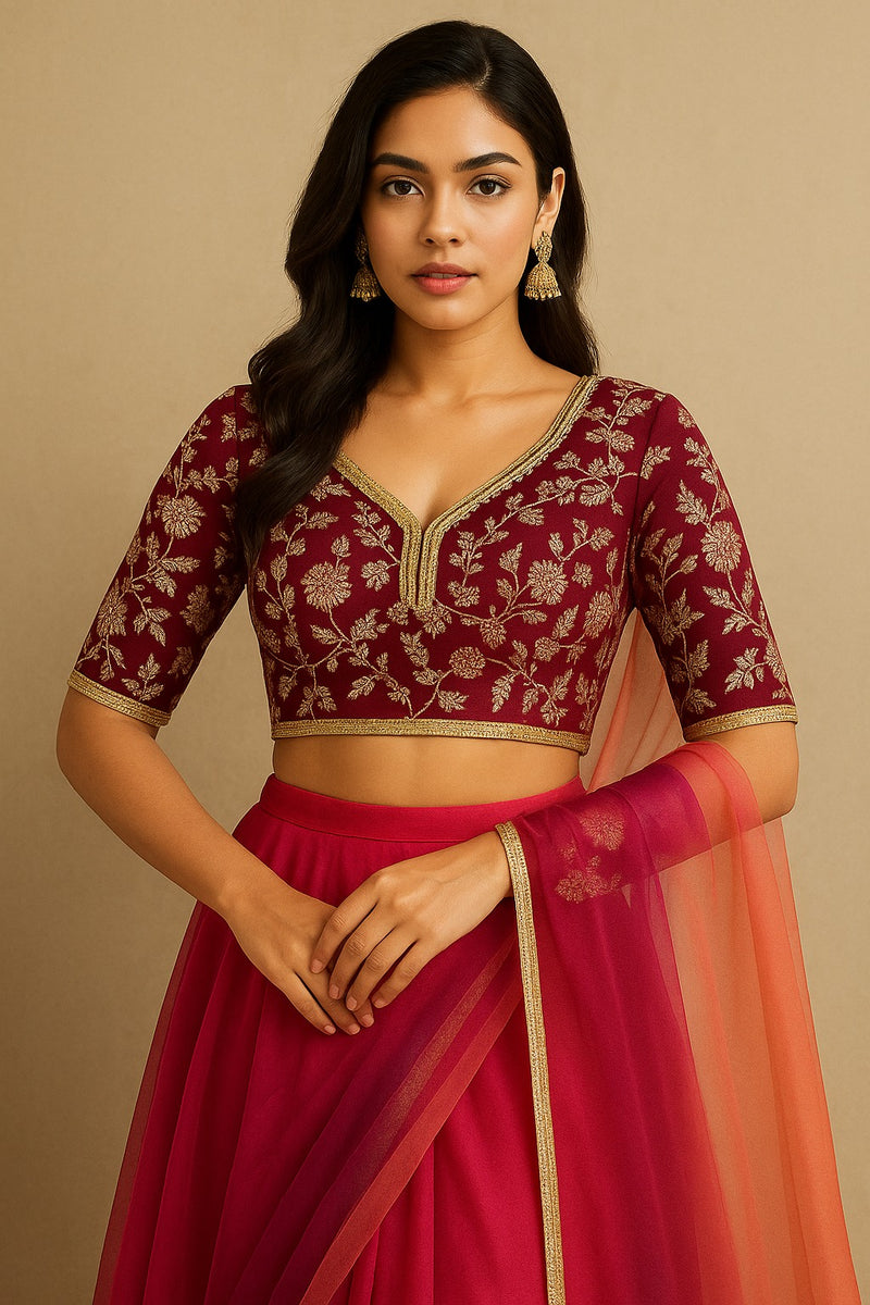 Maroon Brocade Blouse with Gold Lace