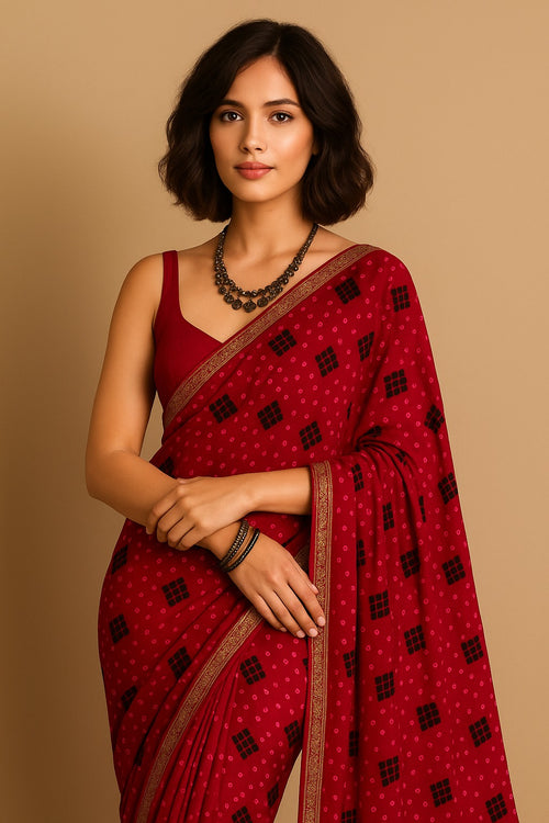 Model wearing Gulnaar Bandhini pre-draped chiffon saree in crimson red with golden zari border