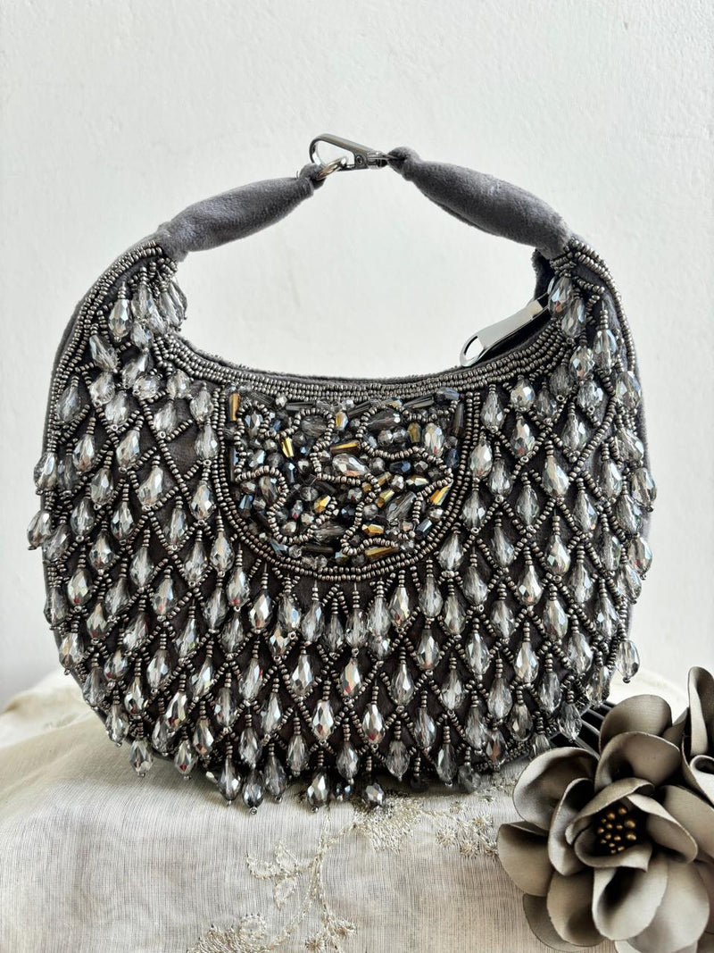 Unique Crescent Moon Beaded Handbag designed for those seeking elegance, luxury, and a chic accessory - Drape In A Minute Sarees