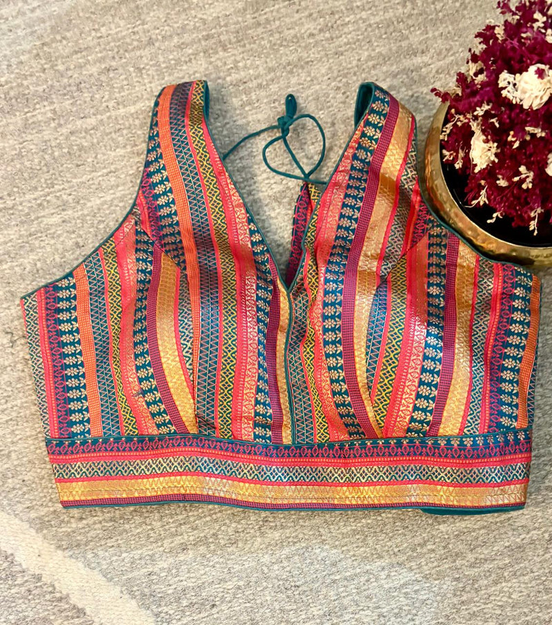 Multi-Colored Brocade V-Neck Sleeveless Blouse