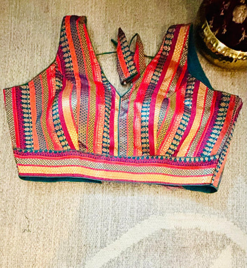 Multi-Colored Brocade V-Neck Sleeveless Blouse