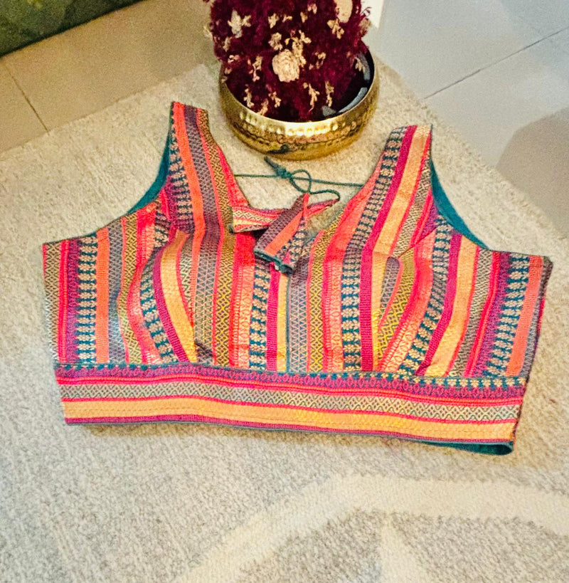 Multi-Colored Brocade V-Neck Sleeveless Blouse
