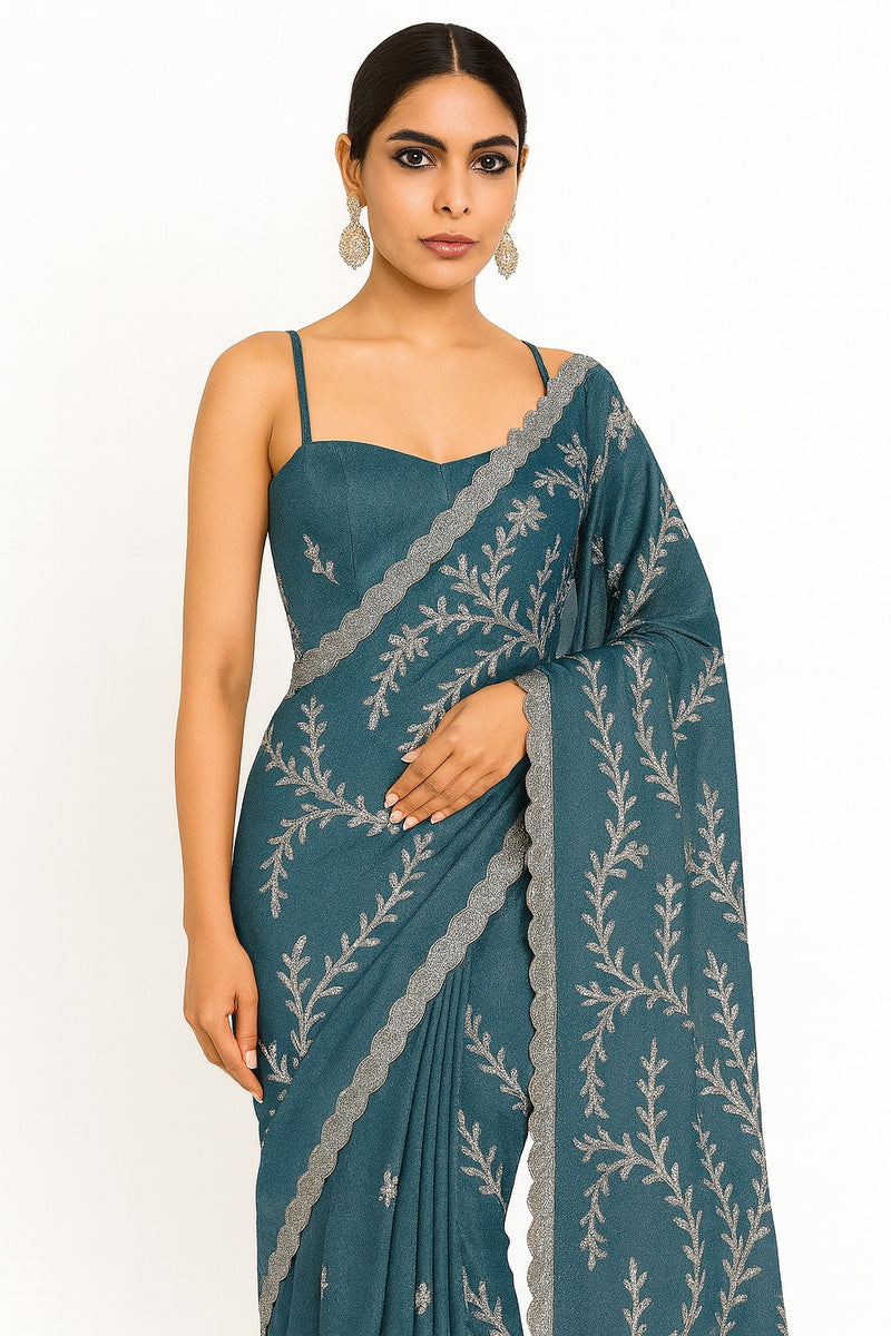 Megh Aari Blue - Pre-draped saree