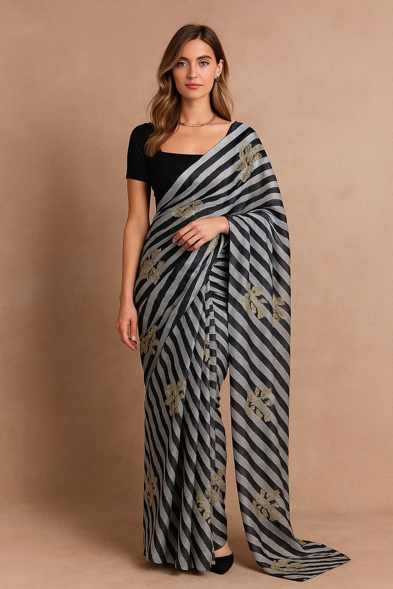 B&W Lehriya Pre-draped Saree