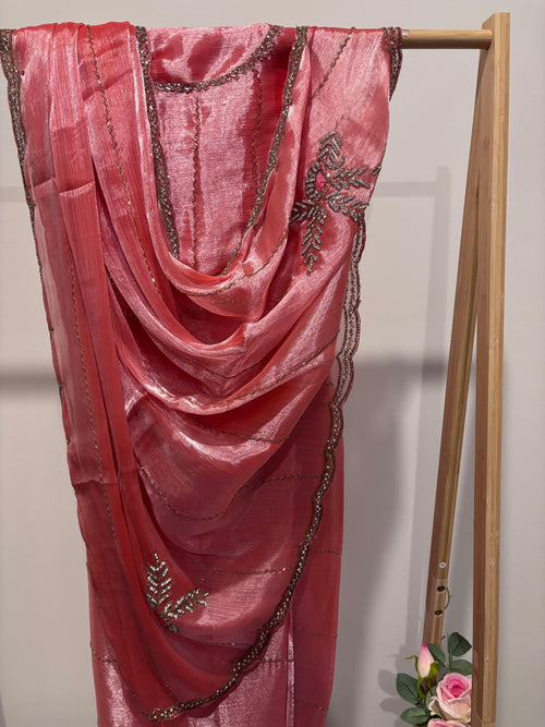 Coral Gleam – Pre-Draped Tissue Chiffon Saree