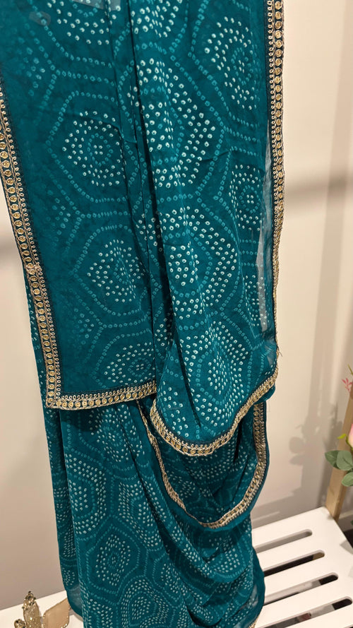 Bridal Bandhini pre-draped saree with delicate zari border
