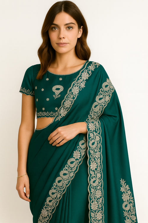 Emerald Enchanté Pre-Draped Crepe Chiffon Saree with Silver zari and sequins