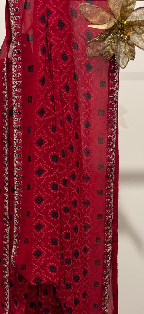 pre-stitched ready-to-wear chiffon saree in red with Bandhani design