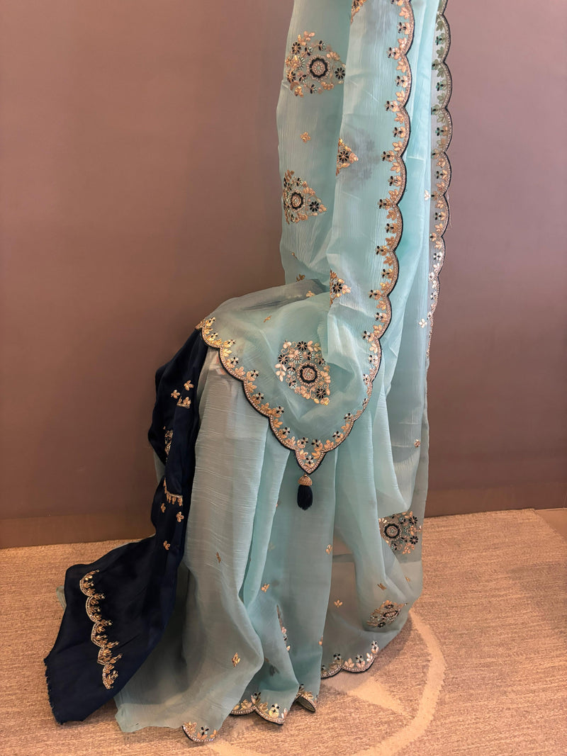 Aqua Noor chiffon pre-draped saree – elegant ready to wear saree in NZ