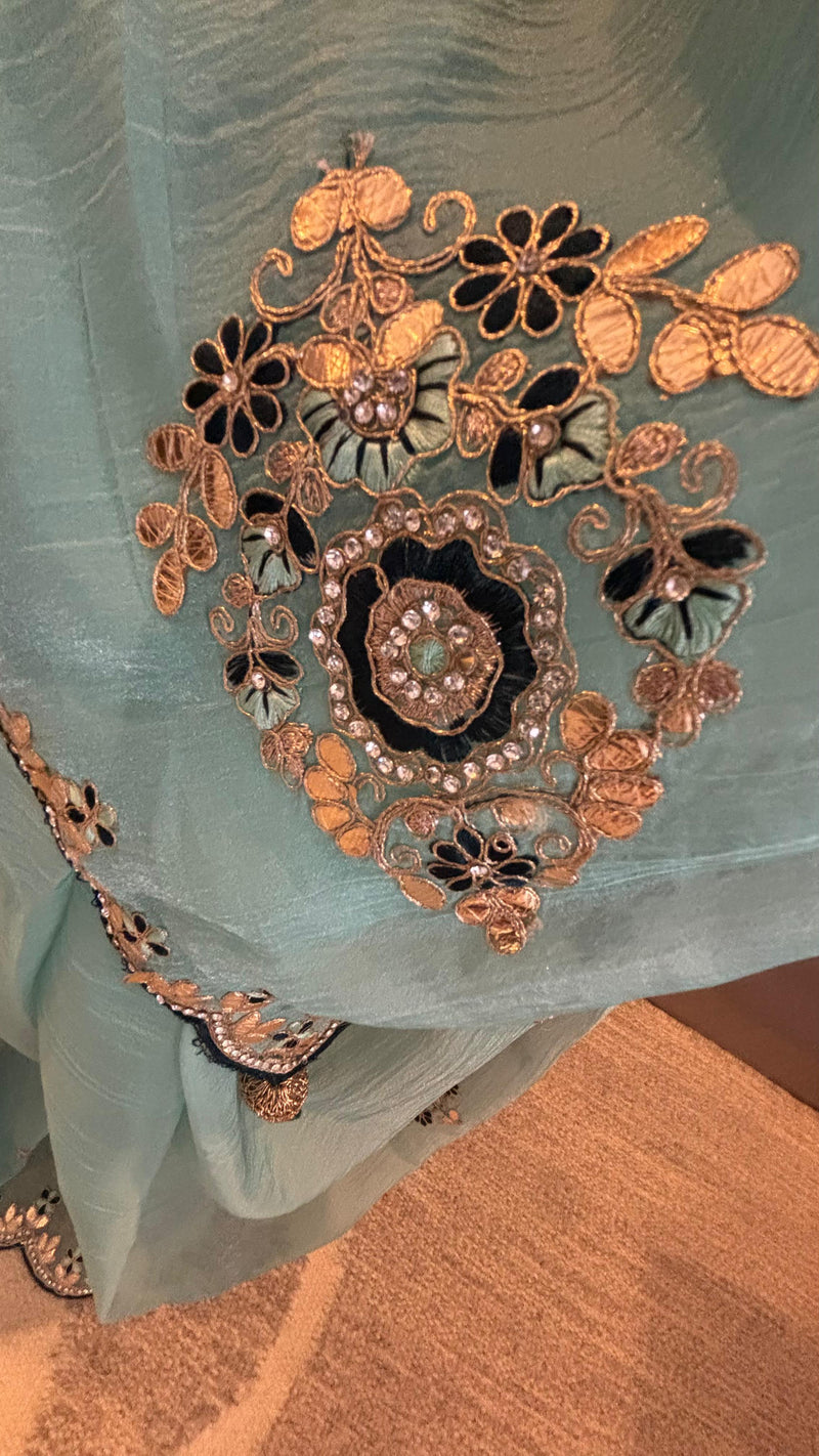 Aqua Noor chiffon pre-draped saree – elegant ready to wear saree in NZ