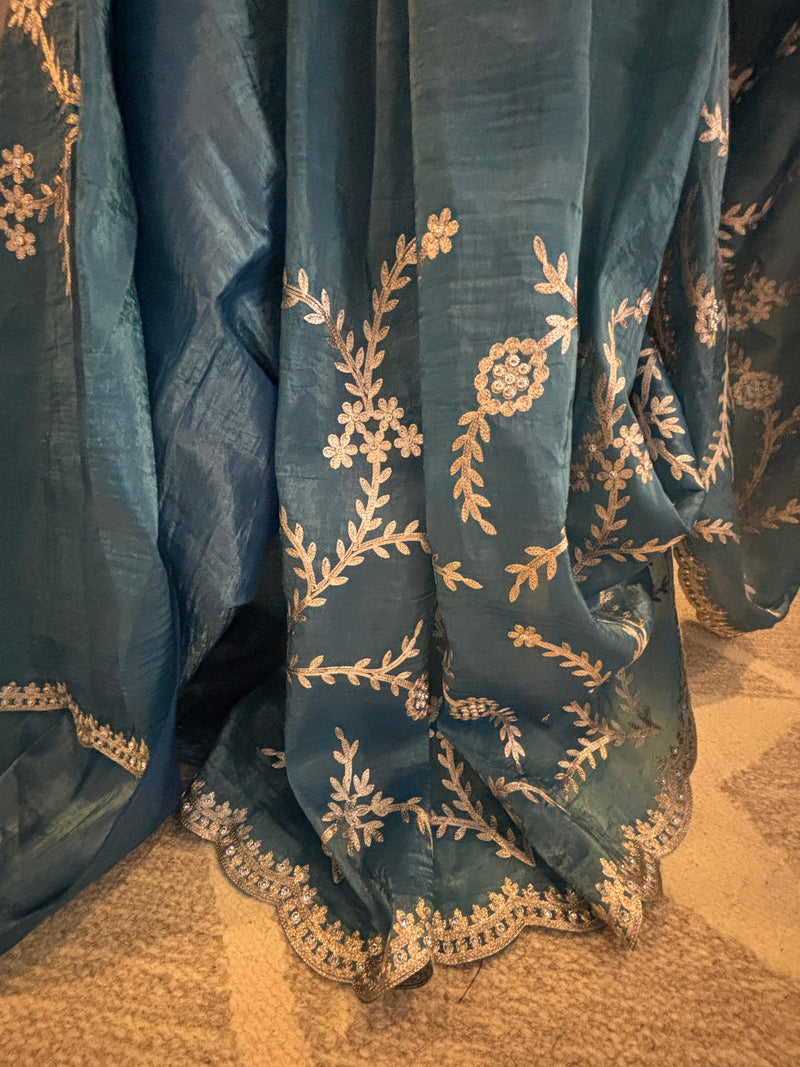 Megh Aari Blue saree – pre-draped soft silk Indian outfit – easy to drape saree NZ