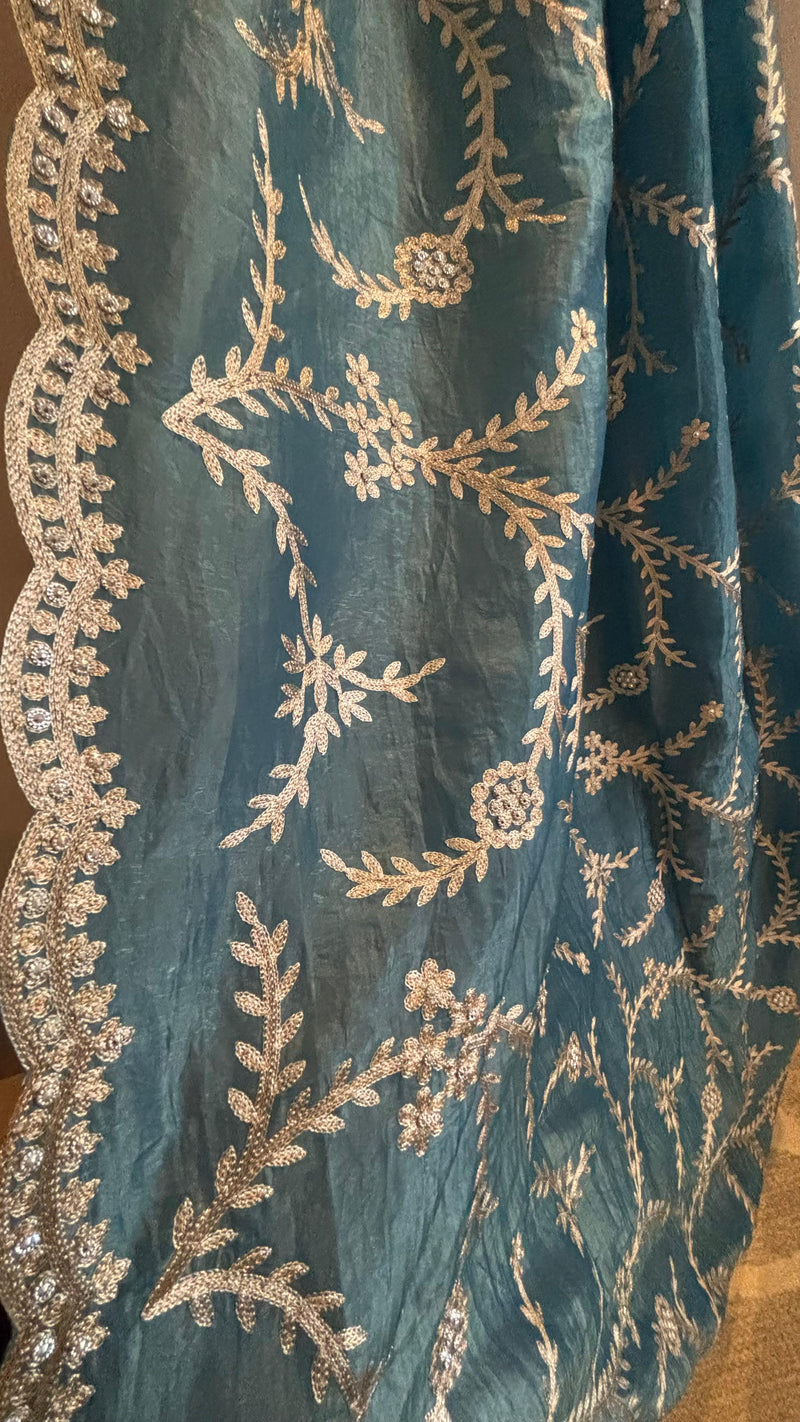 Megh Aari Blue pre-stitched partywear saree – soft silk pre-draped saree New Zealand