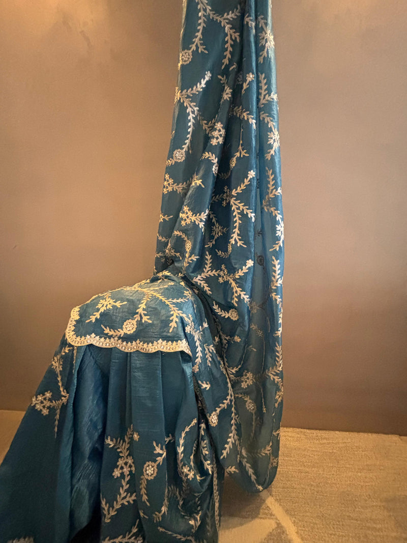  Megh Aari Blue pre-draped saree made from soft silk – elegant and ready to wear in NZ