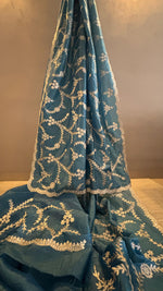 Megh Aari Blue wedding saree in soft silk – pre-draped and ready to wear for special occasions in NZ