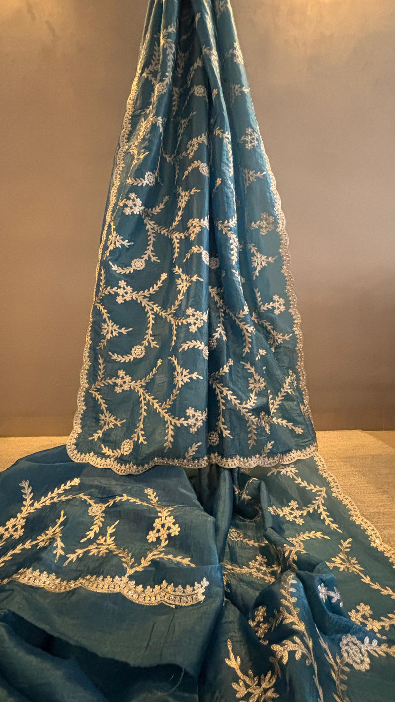 Megh Aari Blue wedding saree in soft silk – pre-draped and ready to wear for special occasions in NZ