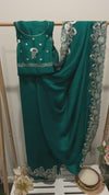 Emerald Enchanté Pre-Draped Crepe Chiffon Saree with Silver zari and sequins