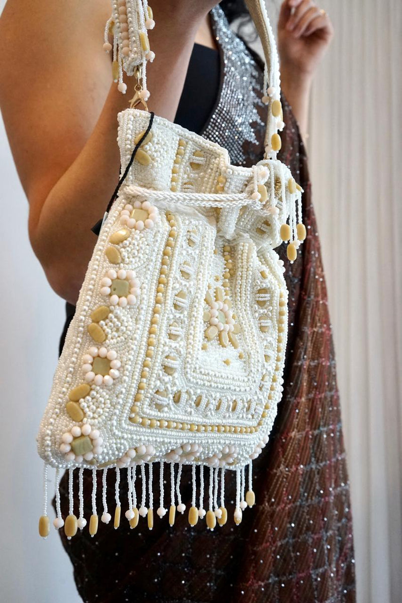 Graceful Ivory Sparkle - Beaded Handbag designed for sophisticated and timeless fashion - Drape In A Minute Sarees